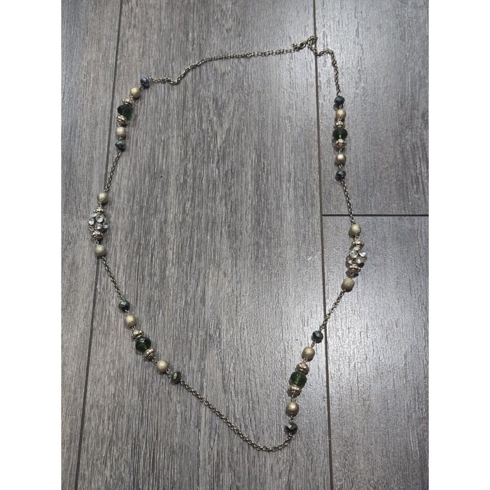 Green Faceted Bead Rhinestone Station Necklace Gold Tone Long 38in Statement